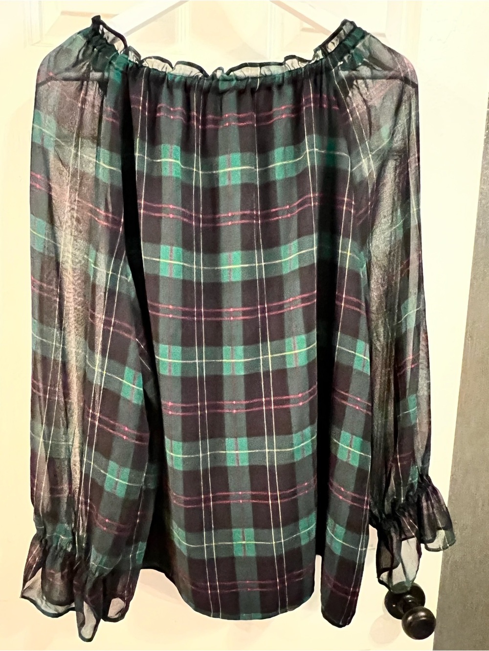 Talbots Black and Green Plaid Off-Shoulder Blouse - Picture 2 of 6